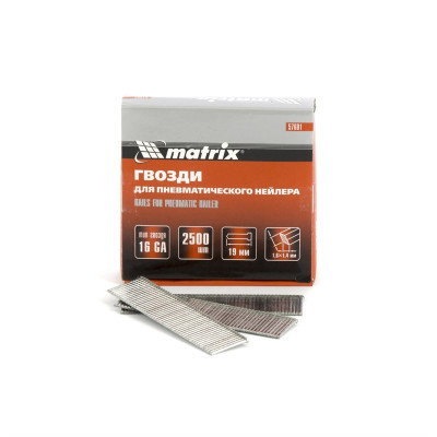 MX-57601 Гвозди для пневматического нейлера 16GA, длина 19 мм 57601 MATRIX